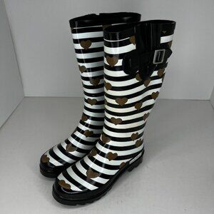 Kushyshoo Womens Black Striped Heart Rubber Mid Calf Size 7 Rain Boots
